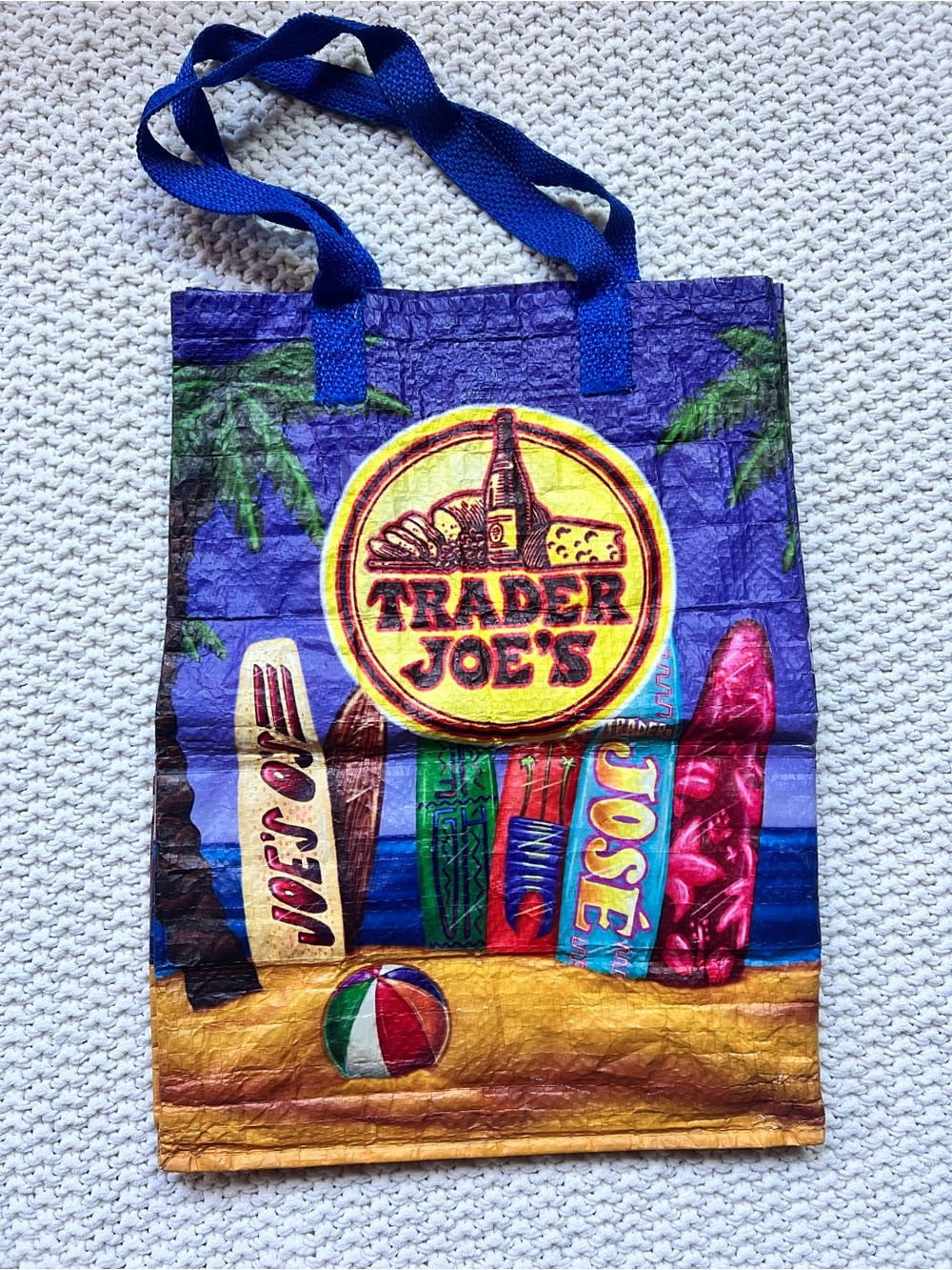 Trader Joe’s Blue Surf Board Bag Reusable Shopping Grocery Tote Double handles